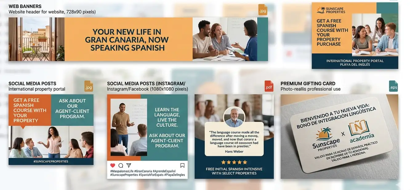 Examples of co-marketing materials for real estate agencies promoting Spanish courses to international buyers