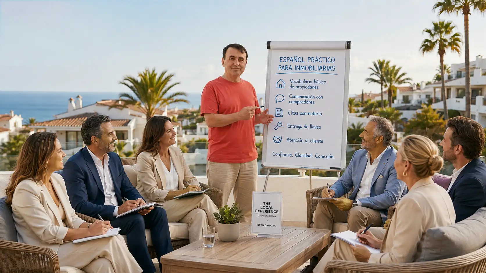 Fernando teaching practical Spanish to real estate professionals on a terrace in Gran Canaria